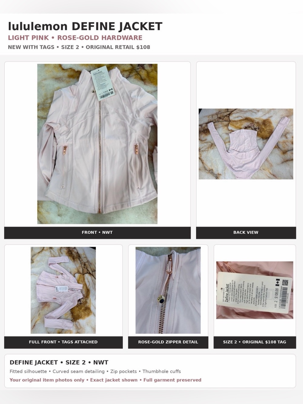 lululemon athletica Light Pink Define Jacket with Rose-Gold Hardware